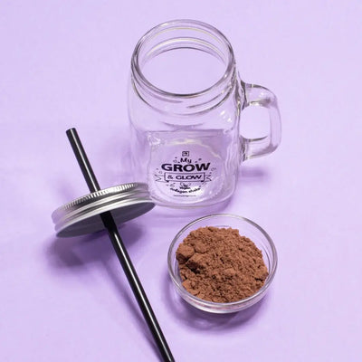 My Grow & Glow Chocolate Vegan Collagen Shake: Glass, Lid, Straw, Powder. Plant-Based Beauty Booster.