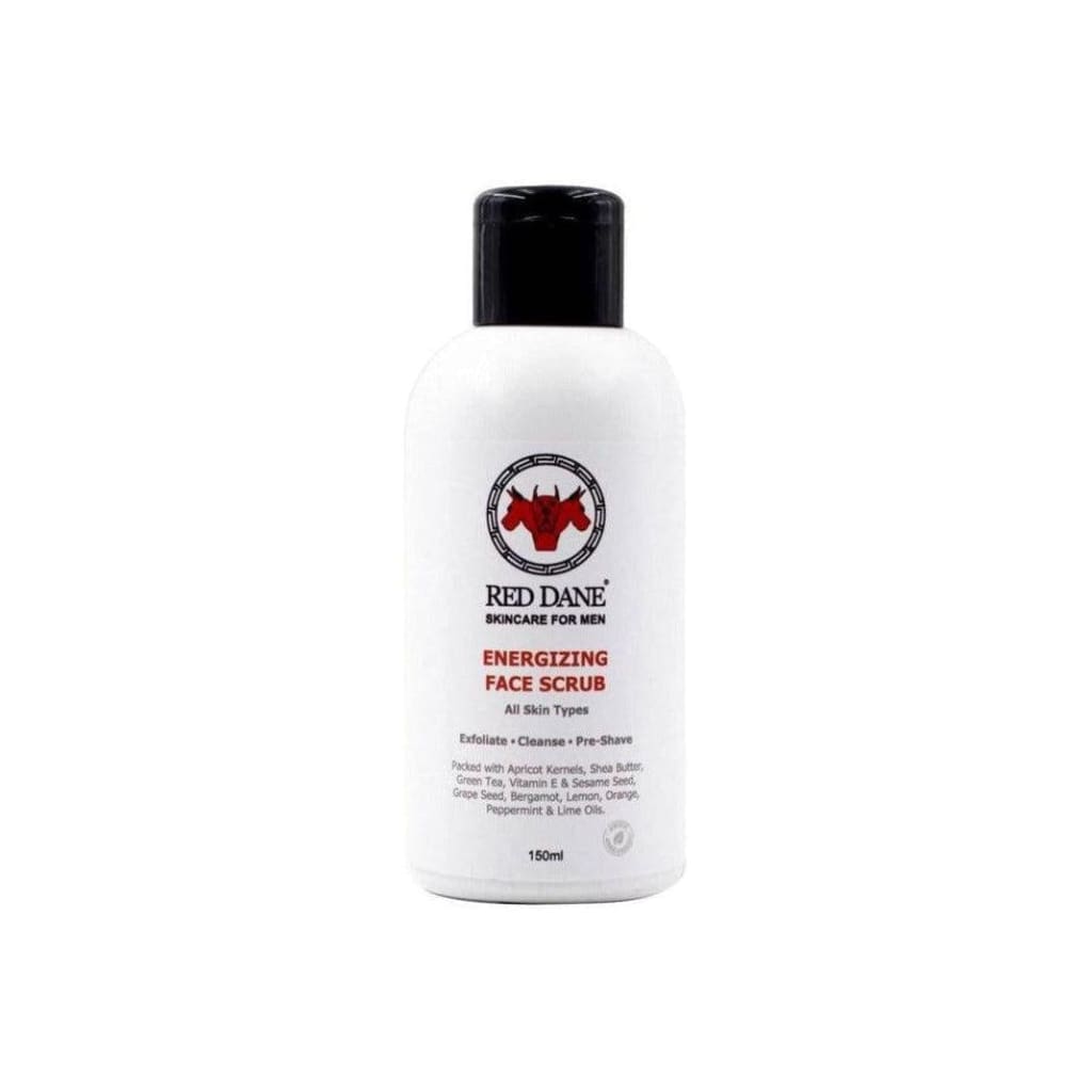 White bottle of Red Dane Energizing Face Scrub for men with micro-refining technology