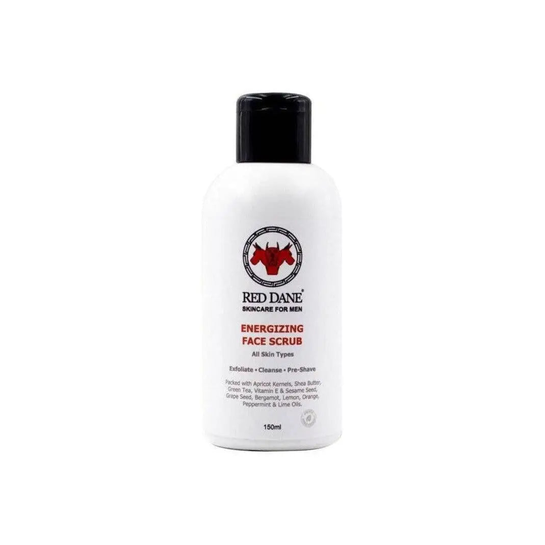 White bottle of Red Dane Energizing Face Scrub for men with micro-refining technology