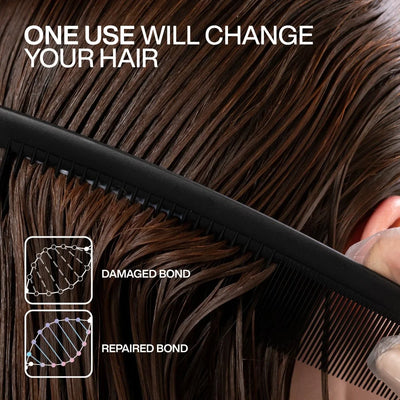 Hair Repair: Comb through damaged hair showing bond repair. Hair treatment for healthy bonds, Redken Acidic Bonding Liquid Mask.