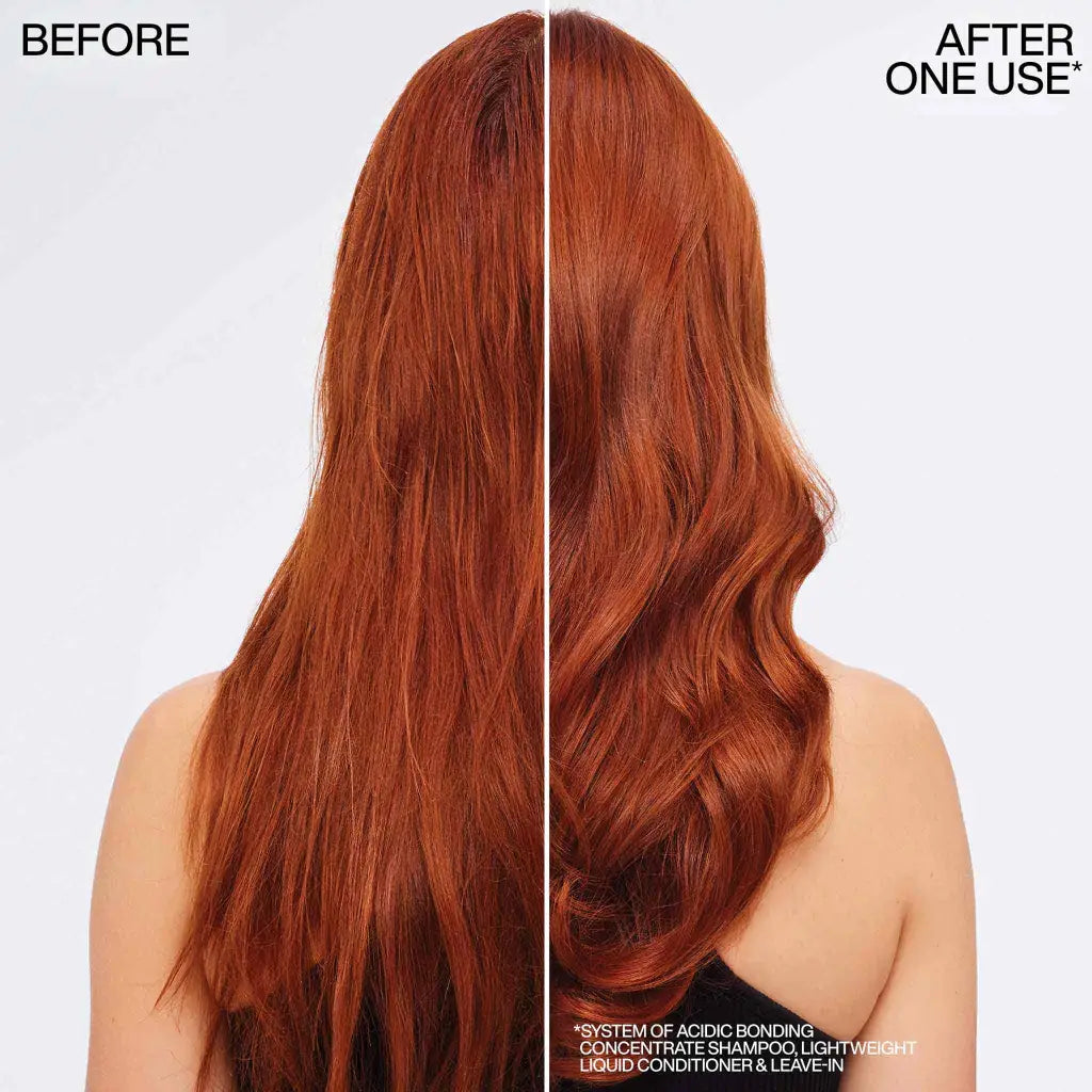 Split photo of red hair styled with Redken Acidic Bonding Holiday Gift Set