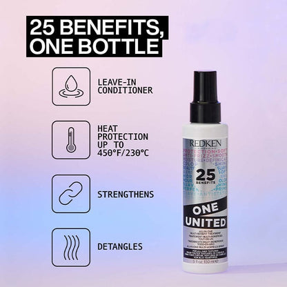 Bottle of Redken One United hair product with 25 benefits in Redken Acidic One United Trio Bundle