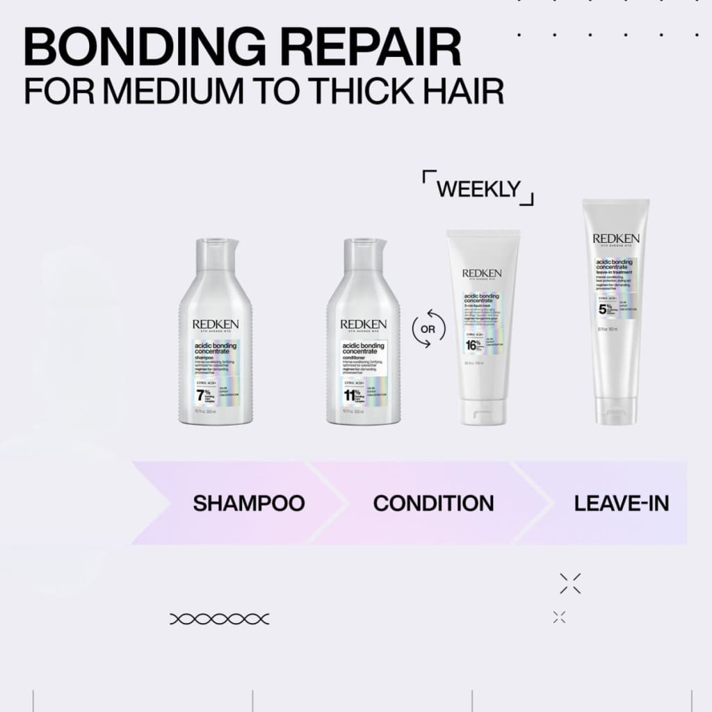 Hair care product lineup from Redken with Acidic Perfecting Concentrate Leave-In Treatment