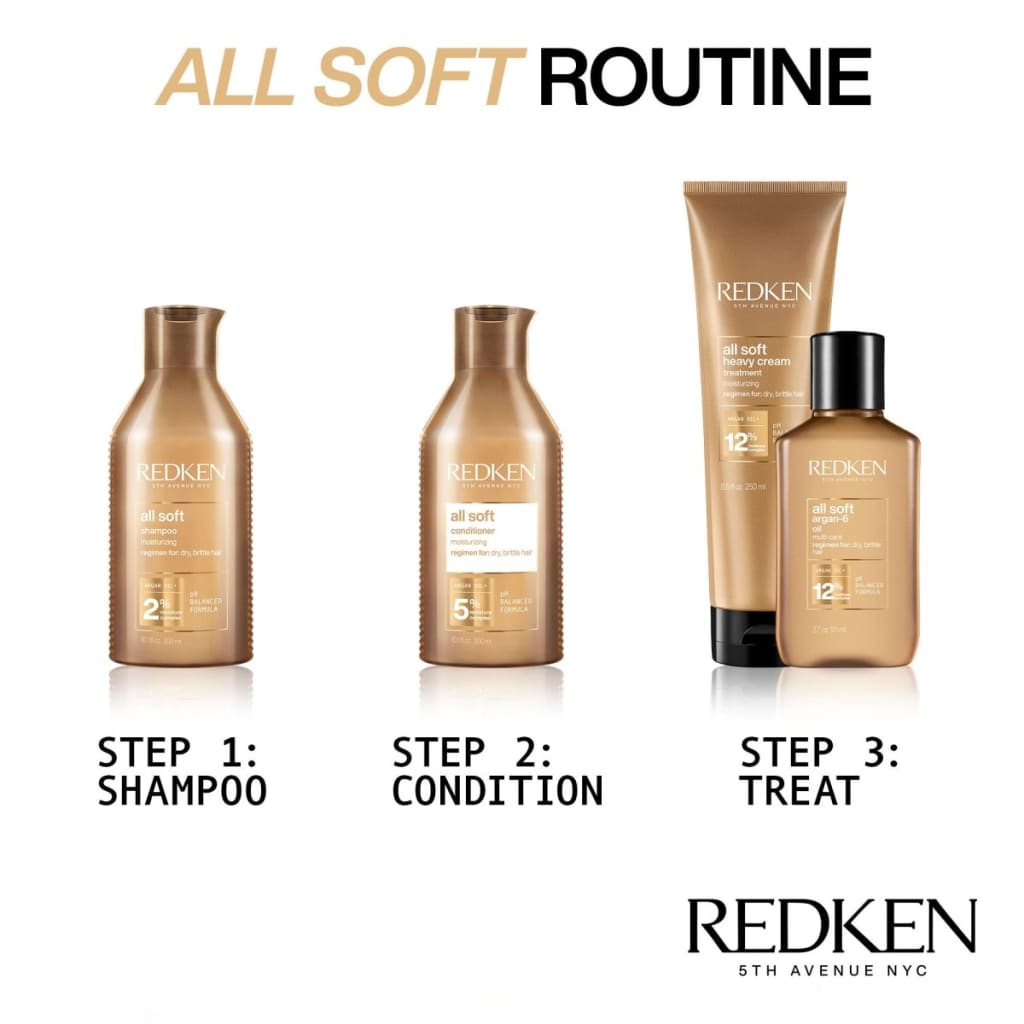 Redken All Soft Argan hair care products: shampoo, conditioner, treatment, and Argan 6 Oil