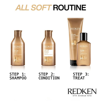 Redken All Soft Argan hair care products: shampoo, conditioner, treatment, and Argan 6 Oil