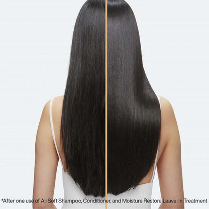 Long, straight shiny black hair styled with Redken All Soft Bundle in white top