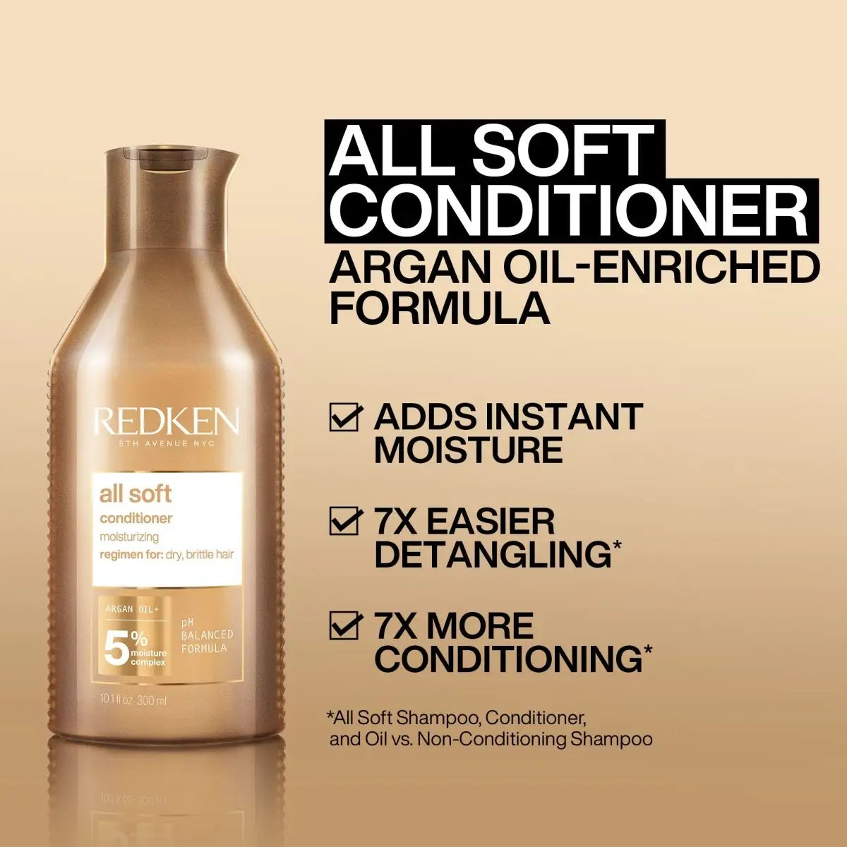 Gold-colored Redken All Soft Conditioner 300ml bottle with argan oil-enriched formula