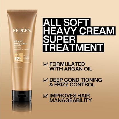 Gold tube of 250ml Redken All Soft Heavy Cream; hydrates and restores hair health