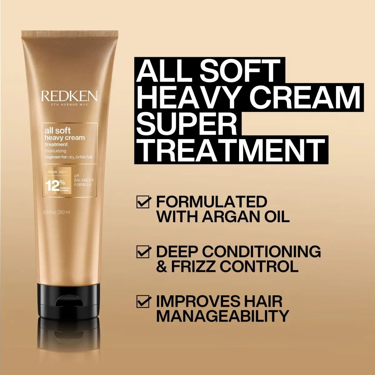 Gold tube of 250ml Redken All Soft Heavy Cream; hydrates and restores hair health