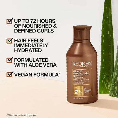Redken All Soft Mega Curls Shampoo: Hydration for Curly Hair, Vegan Formula, Defined Curls.