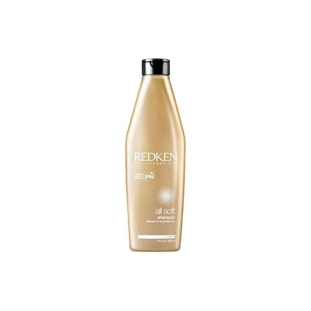 Gold bottle of Redken All Soft Shampoo - 300ml for transforming dry, brittle hair