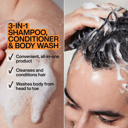 Person using Redken Brews 3-in-1 shampoo, conditioner, and body wash on hair and skin