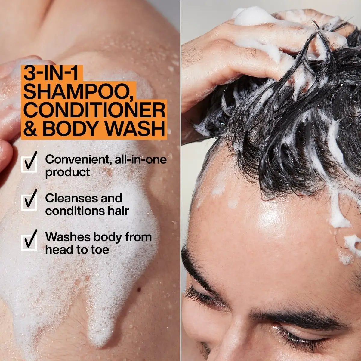 Person using Redken Brews 3-in-1 shampoo, conditioner, and body wash on hair and skin