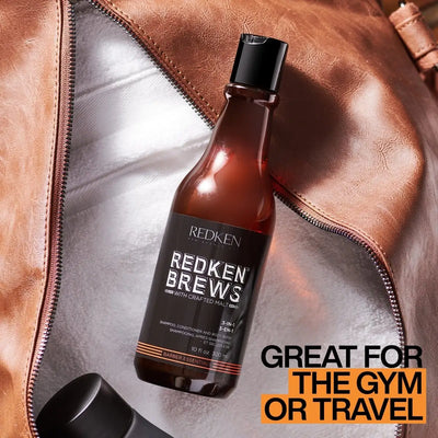 Redken Brews 3 in 1 Shampoo, Conditioner, and Body Wash in a travel-friendly bottle