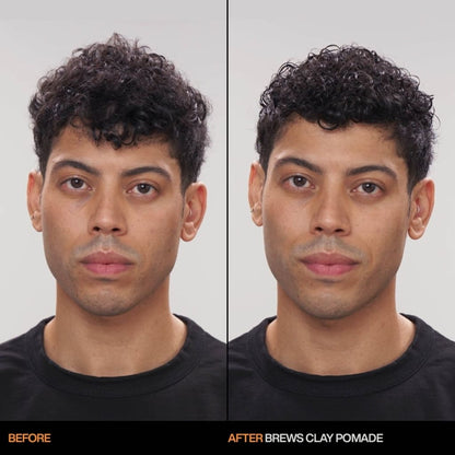 Side-by-side effect of Redken Brews Clay Pomade on curly hair transformation