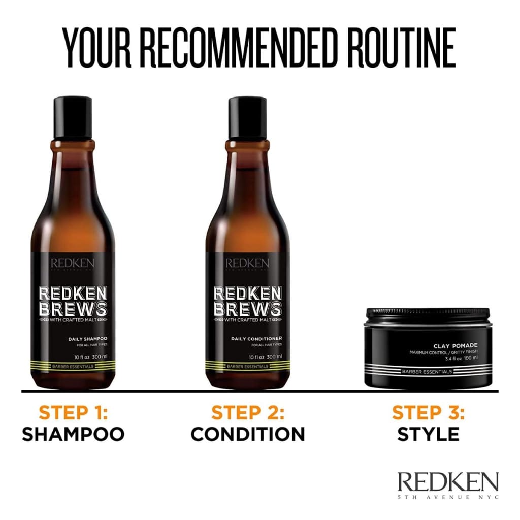 Recommended hair care routine using Redken Brews Clay Pomade, shampoo, and conditioner for men