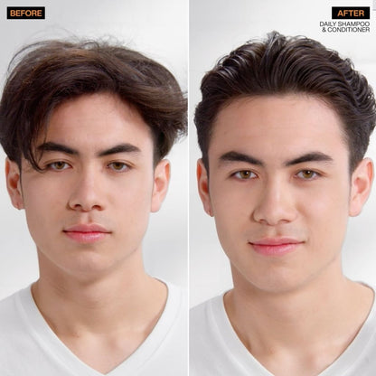 Before and after Redken Brews: Daily Conditioner transforming a man’s hairstyle and appearance