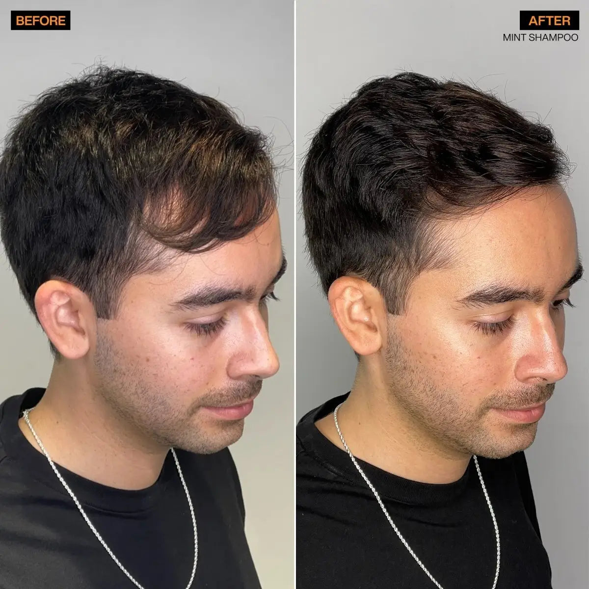 Before and after using Redken Brews Mint Clean Shampoo for a stunning hairstyle transformation