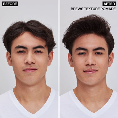 Before and after using Redken Brews Outplay Texture Pomade on a man’s hairstyle