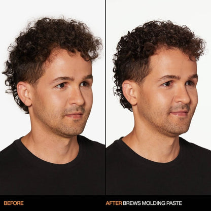 Before and after Redken Brews Work Hard Molding Paste, showing hair transformation