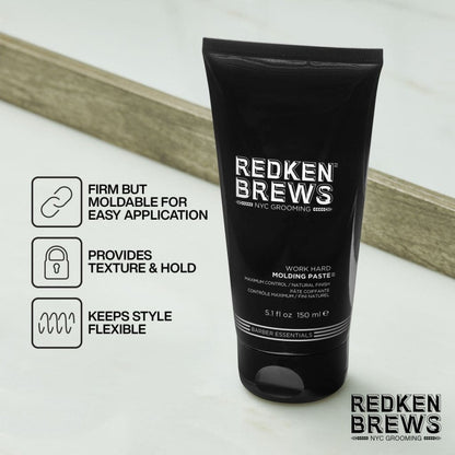 Black tube of Redken Brews Work Hard Molding Paste- 150ml for strong hold styling