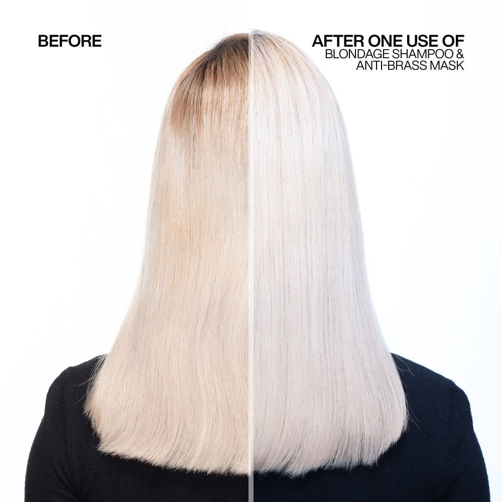 Before-and-after showing Redken Blondage effects on blonde hair using Triple Acid Protein complex