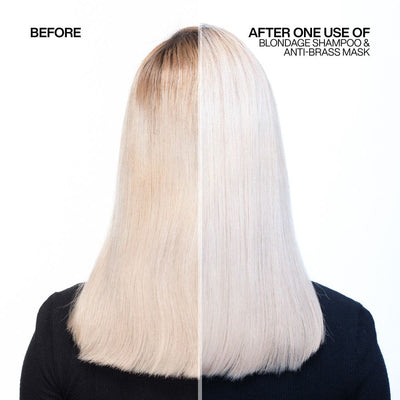 Before-and-after showing Redken Blondage effects on blonde hair using Triple Acid Protein complex