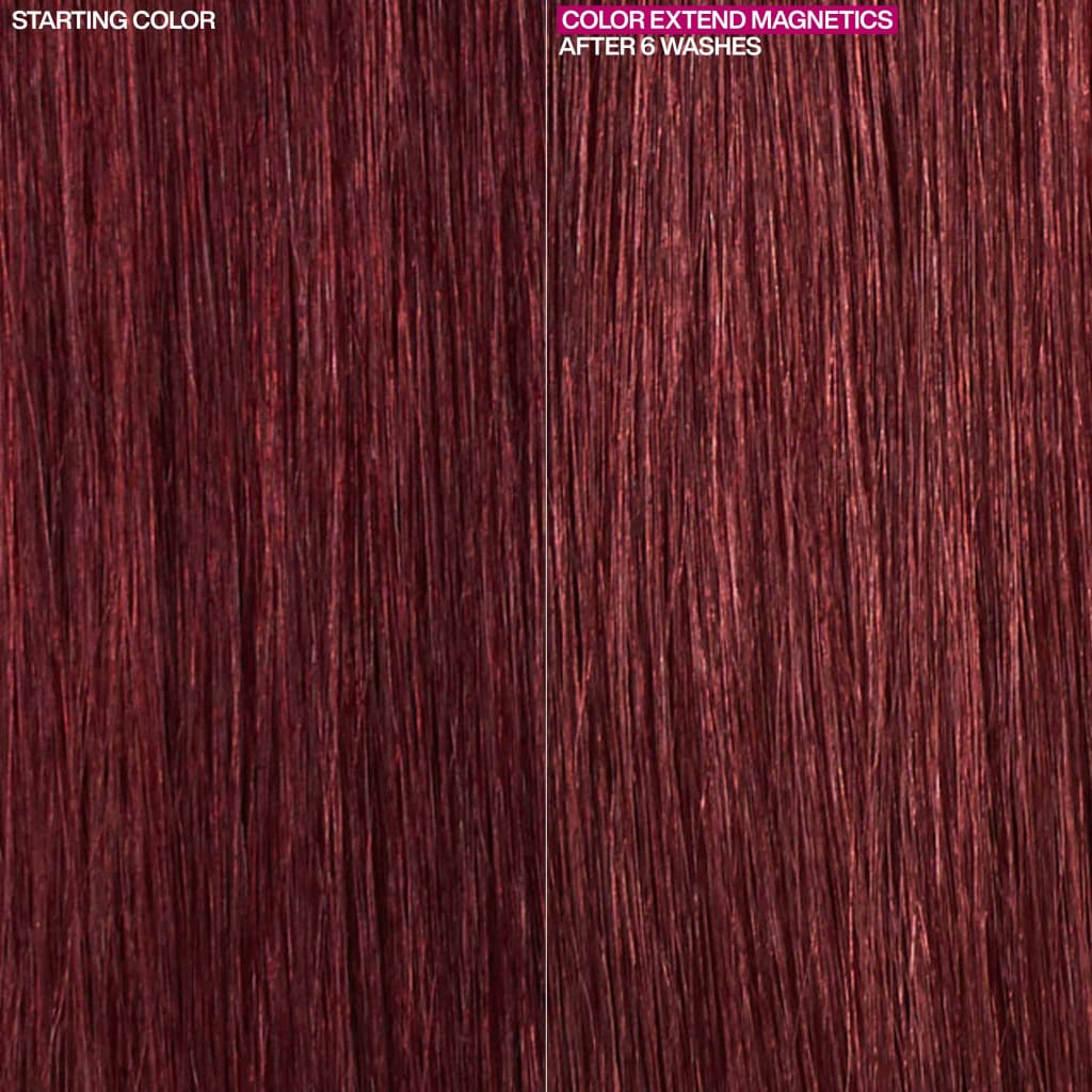 Side-by-side of Redken Color Extend burgundy before and after washes with Deep Attraction Masque