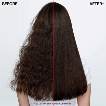 Before-and-after of long dark hair using Redken Frizz Dismiss Bundle