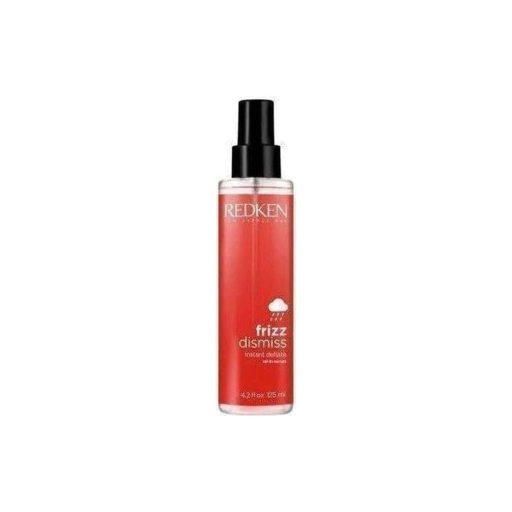 Redken Frizz Dismiss Instant Deflate spray bottle with red liquid, 125ml