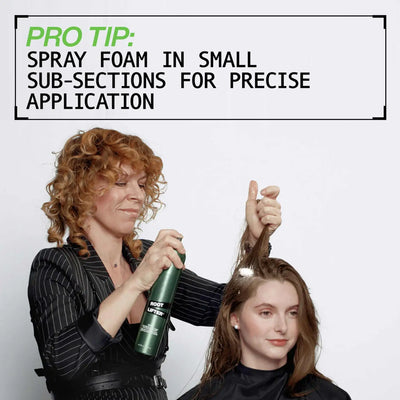 Redken Root Lifter Application: Stylist Applying Volume Foam for Hair Root Lift & Styling. Pro Tip for Precise Styling!