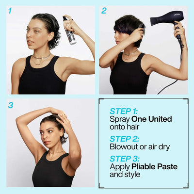 Hair Styling Steps: Woman Applying Spray, Blow Drying, & Styling with Paste for Short Hair. Hair care tutorial.