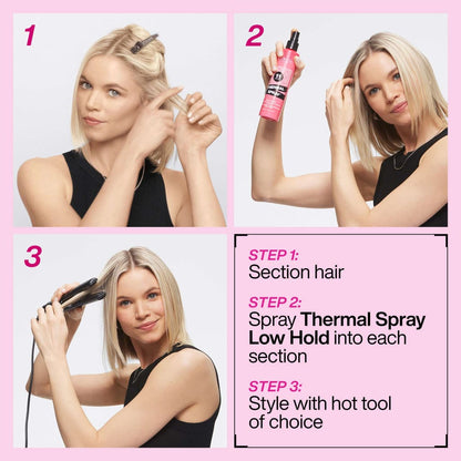 Blonde woman using Redken’s Thermal Spray for a step-by-step hair styling tutorial