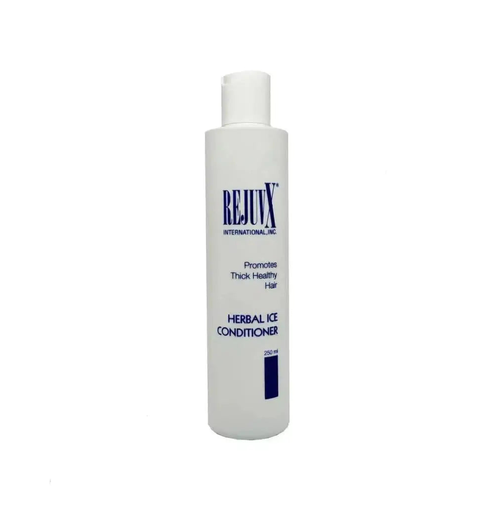 White bottle of RejuvX Herbal Ice Conditioner for promoting thick, healthy hair