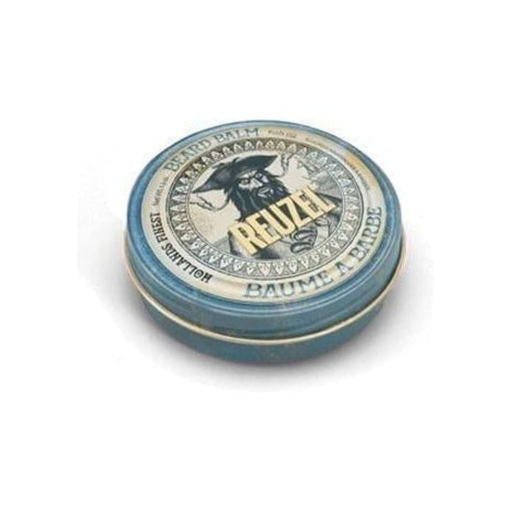 Circular tin of Reuzel Beard Balm featuring a bearded man logo for beard and hair care products