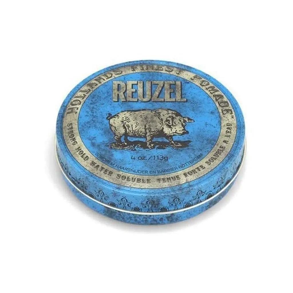 Blue tin of Reuzel Blue Strong Hold water soluble pomade with pig logo - 113 G