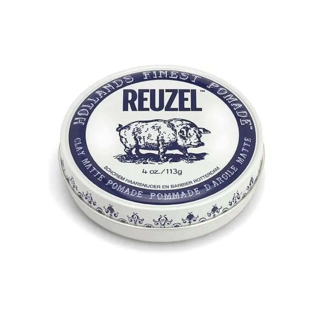 Circular tin of Reuzel Clay Matte Pomade with pig label for versatile hair styling, 113 g