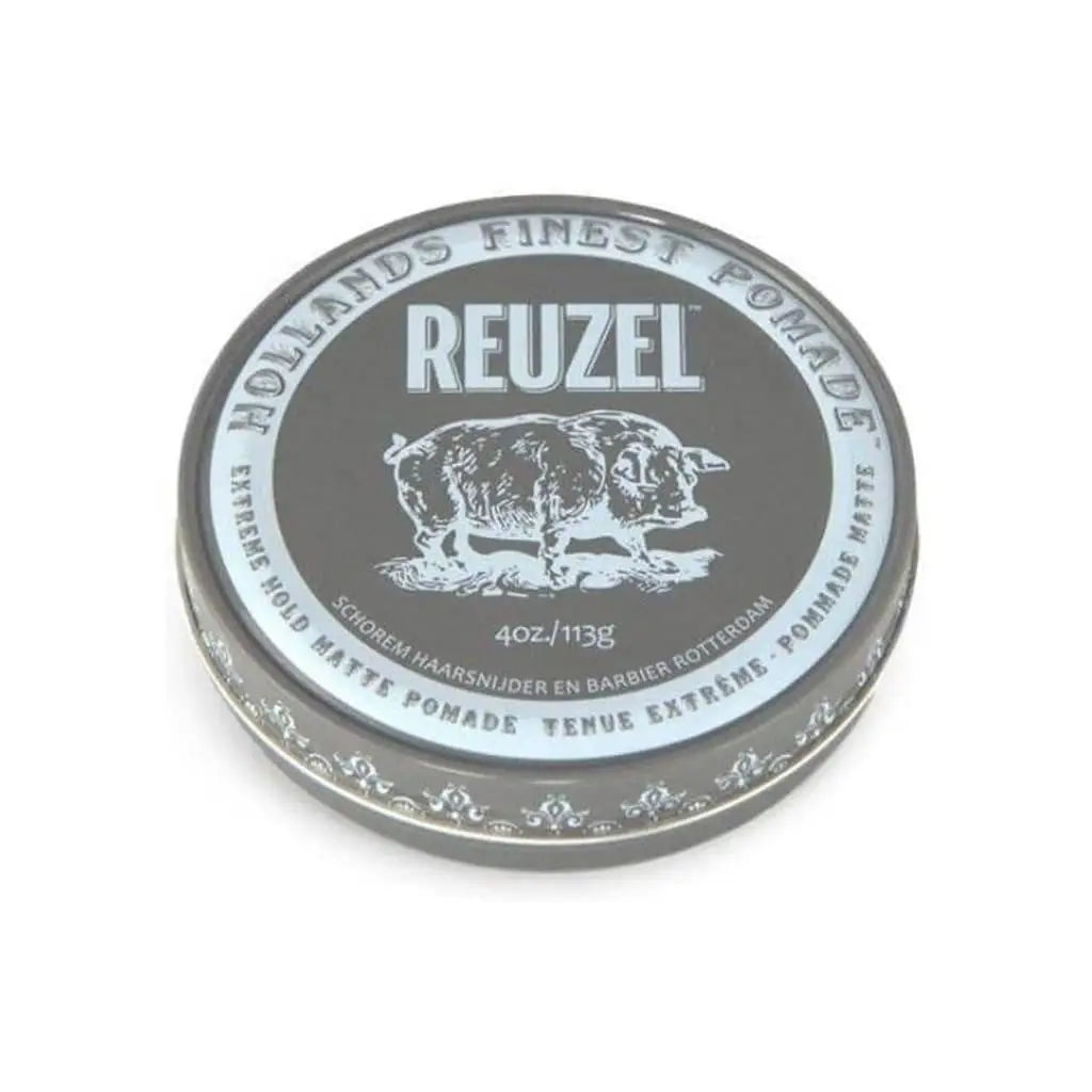 Circular tin of Reuzel brand matte pomade featuring a pig logo.