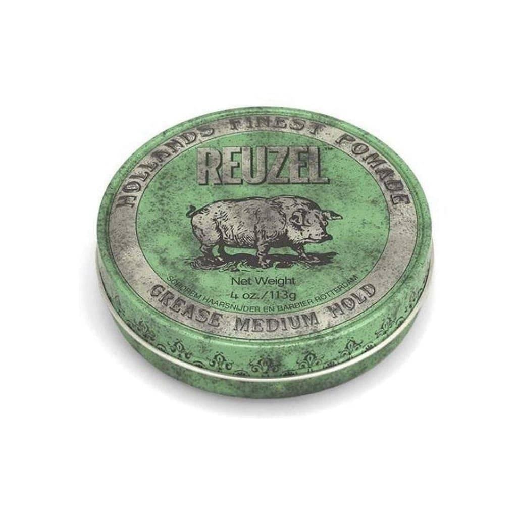 Green tin of Reuzel Green Pomade Grease medium hold for effortless hair styling