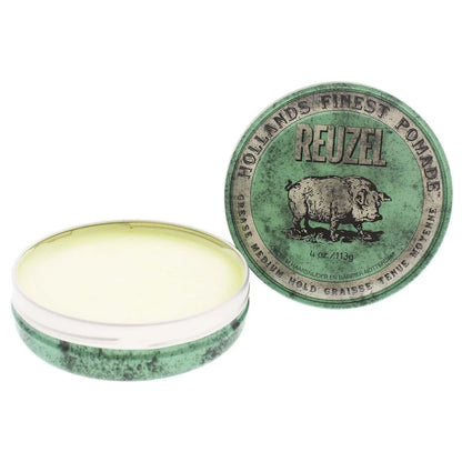 REUZEL Green Grease Pomade, Medium All Day Hold, Oil-Based Styling Wax, Medium Shine and Flake Free, Easy To Wash Out, For All Hairstyles