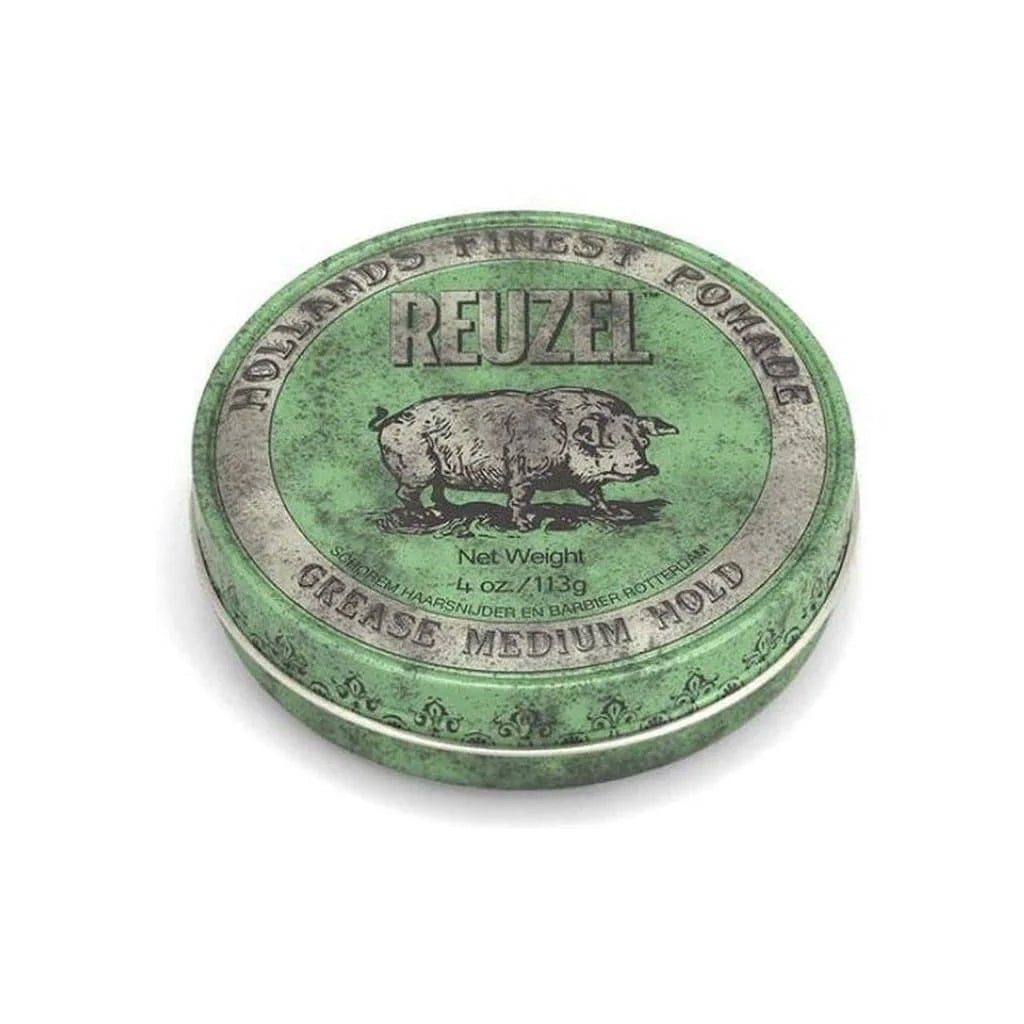 Green tin of Reuzel Green Pomade Grease medium hold for effortless hair styling
