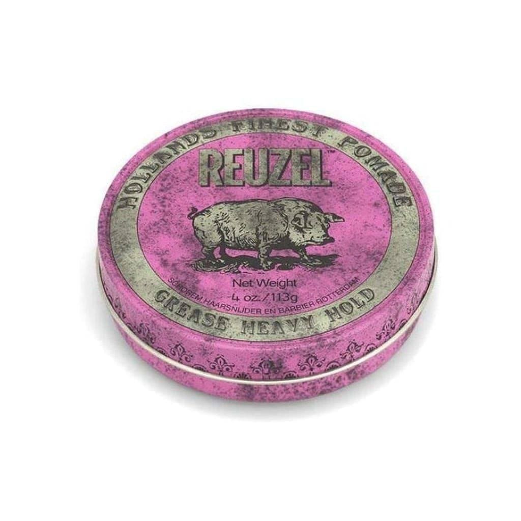 Pink circular tin of Reuzel Pink Heavy Grease Pomade with pig illustration, 113 G