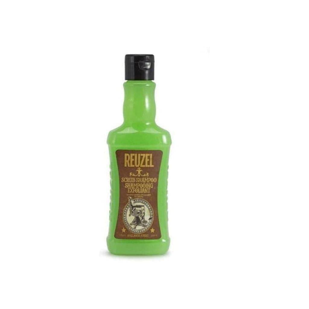 Bright green bottle of Reuzel Scrub Shampoo for deep-cleansing and exfoliating the scalp