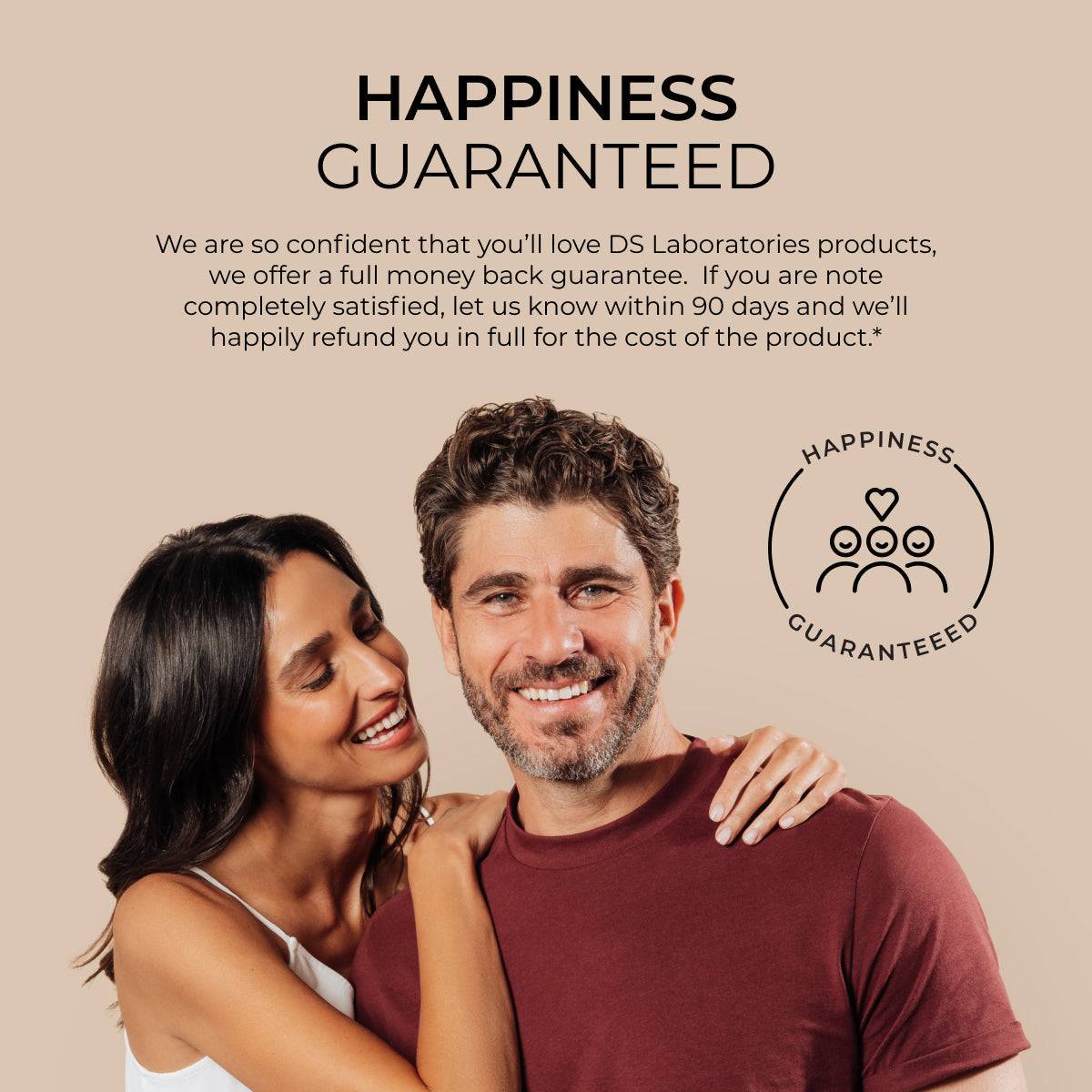 DS Laboratories: Happiness Guaranteed! Try our hair products risk-free with our money-back guarantee. Happy couple enjoying the results.