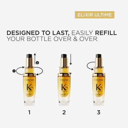 Kérastase Elixir Ultime Refill Instructions: Step-by-Step Guide for Sustainable Haircare. Refillable bottle diagram.