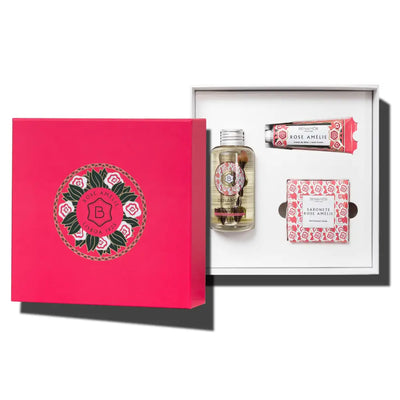 Benamor Rose Amélie Gift Set: Luxurious Skincare - Hand Cream, Soap & Dry Oil for Radiant Skin.