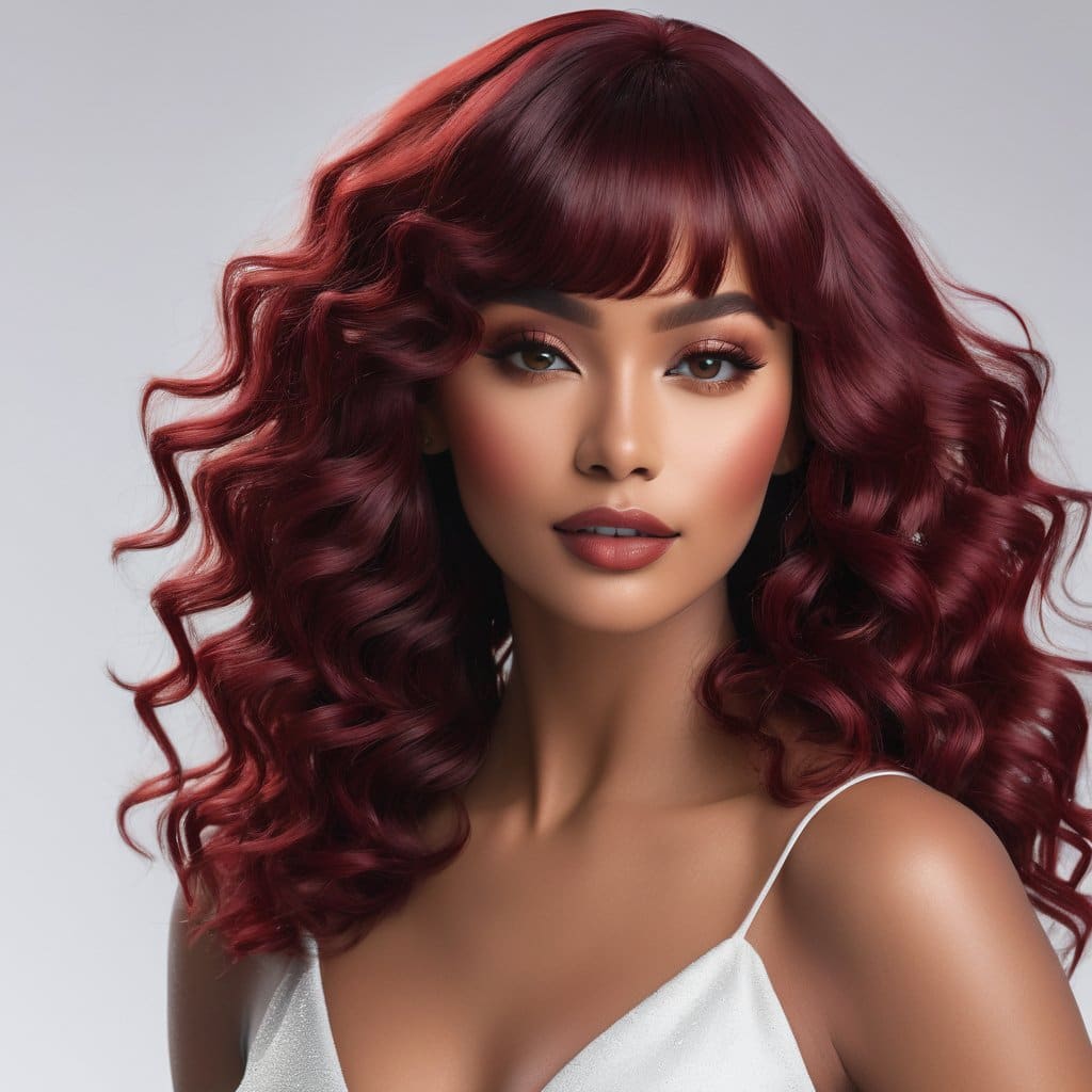 Ruby Wigs | Amber Long cherry red Curly/Wavy wig gently wavy with fringe - synthetic wig - Wigs By Ruby - Shop