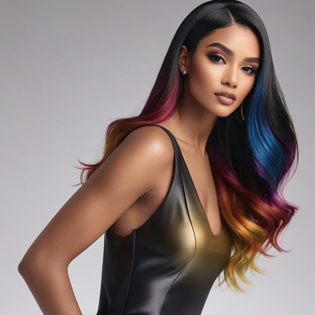 Ruby Wigs | Keira Sleek Black Long Ombre Rainbow & Black Synthetic Hair Wig - wig - Wigs By Ruby - Shop