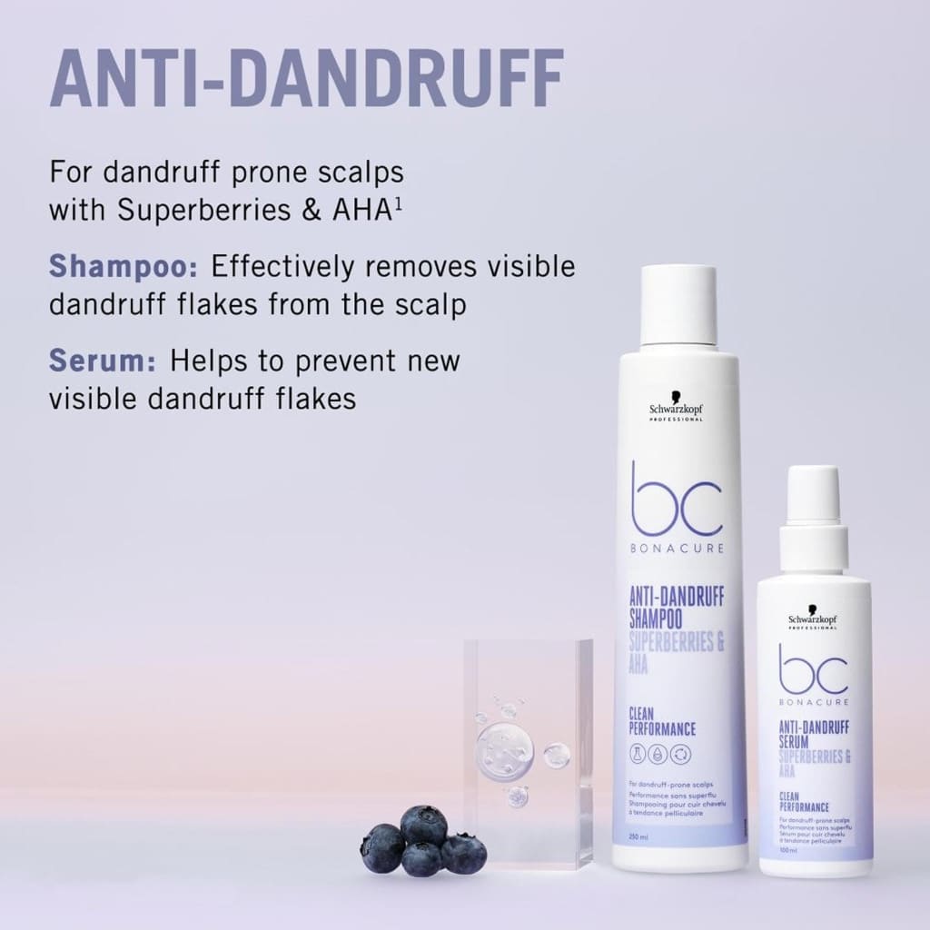 Anti-dandruff shampoo and serum with Superberries and AHA diminishes visible dandruff flakes