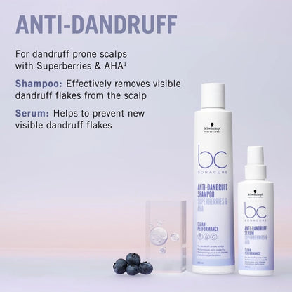 Anti-dandruff shampoo and serum with Superberries and AHA diminishes visible dandruff flakes